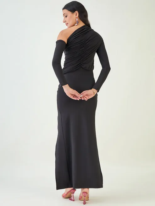 Black Solid Ruched Bodycon Dress
