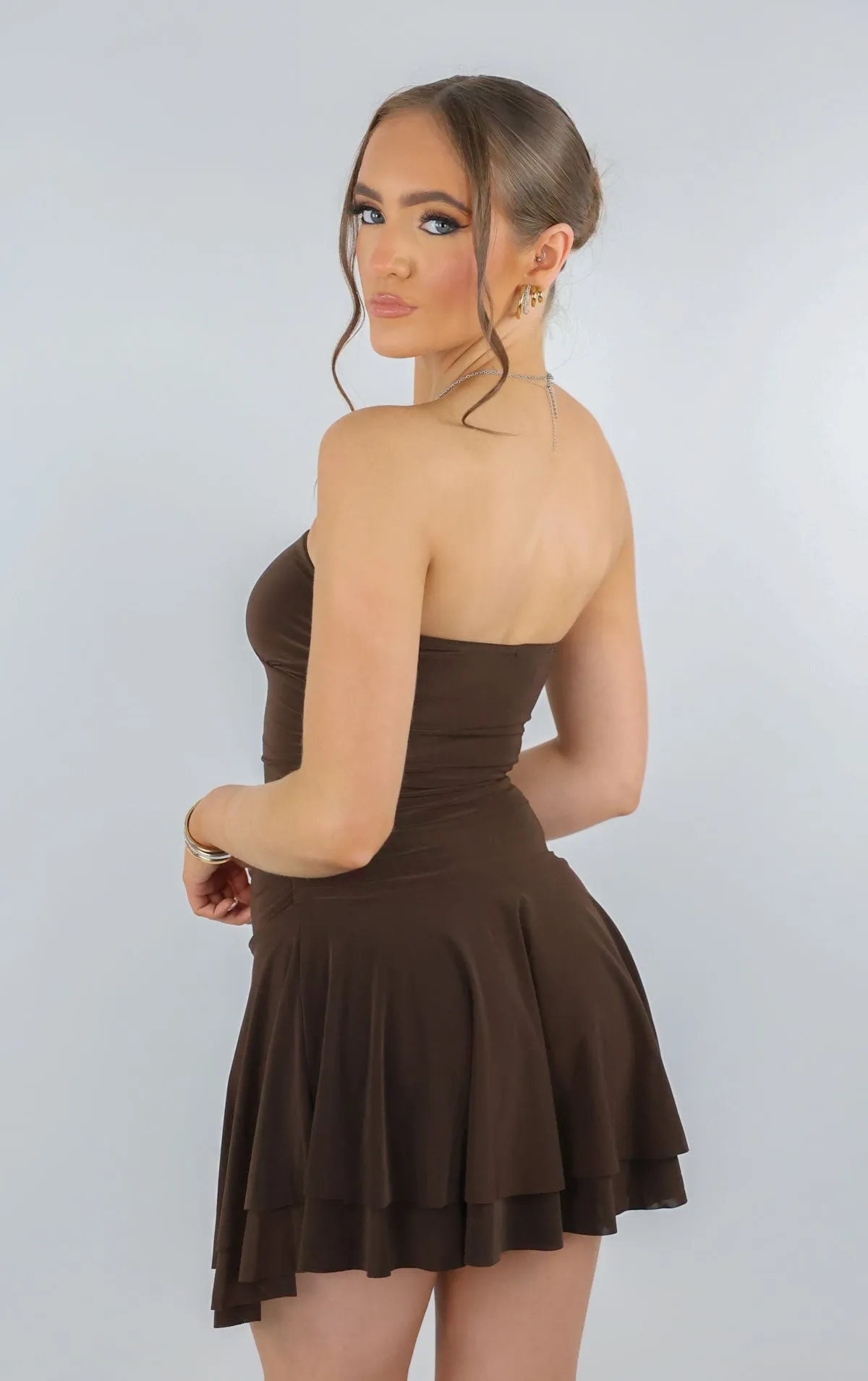 Brown Bandeau Ruched Skater Mini Dress