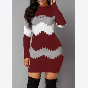 Colorblock Sexy Knitwear Long Sleeve Bodycon Dress Womens Wholesale