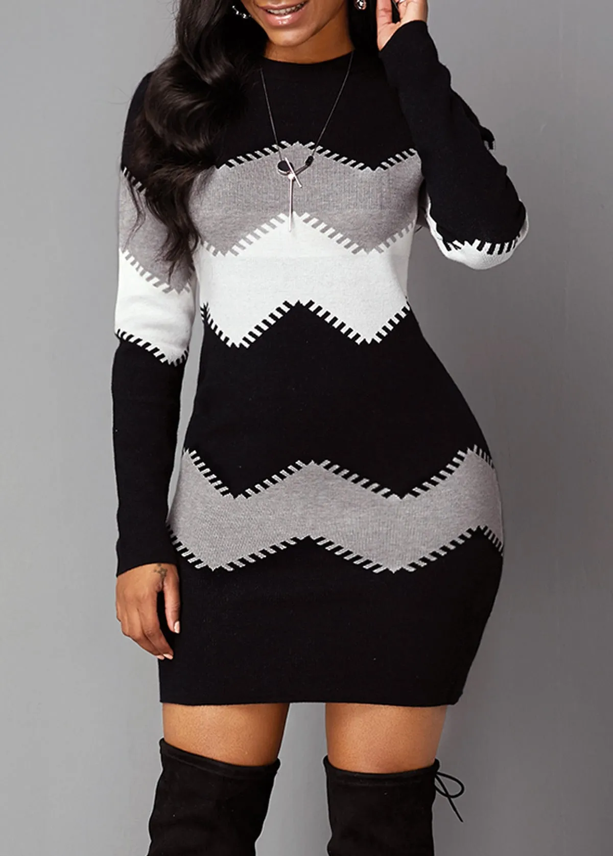 Colorblock Sexy Knitwear Long Sleeve Bodycon Dress Womens Wholesale