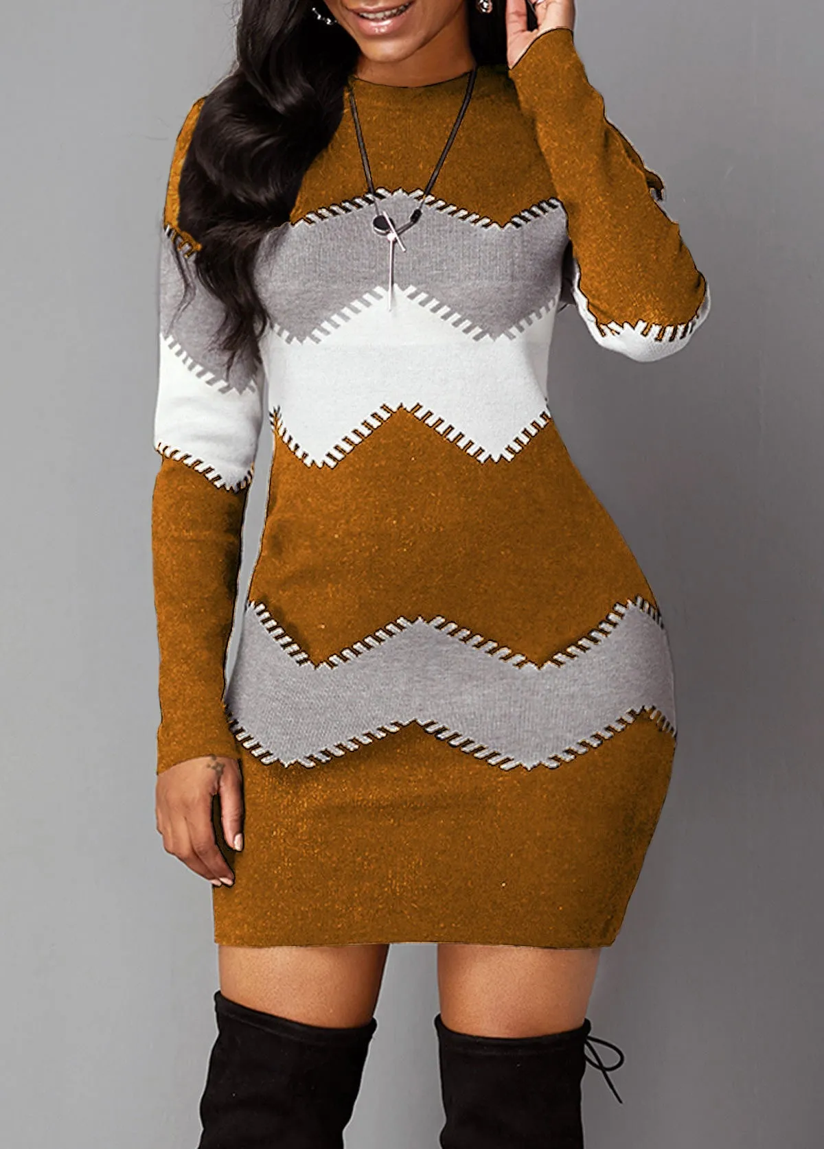 Colorblock Sexy Knitwear Long Sleeve Bodycon Dress Womens Wholesale