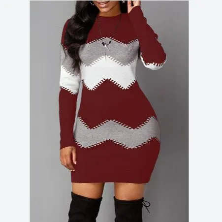 Colorblock Sexy Knitwear Long Sleeve Bodycon Dress Womens Wholesale
