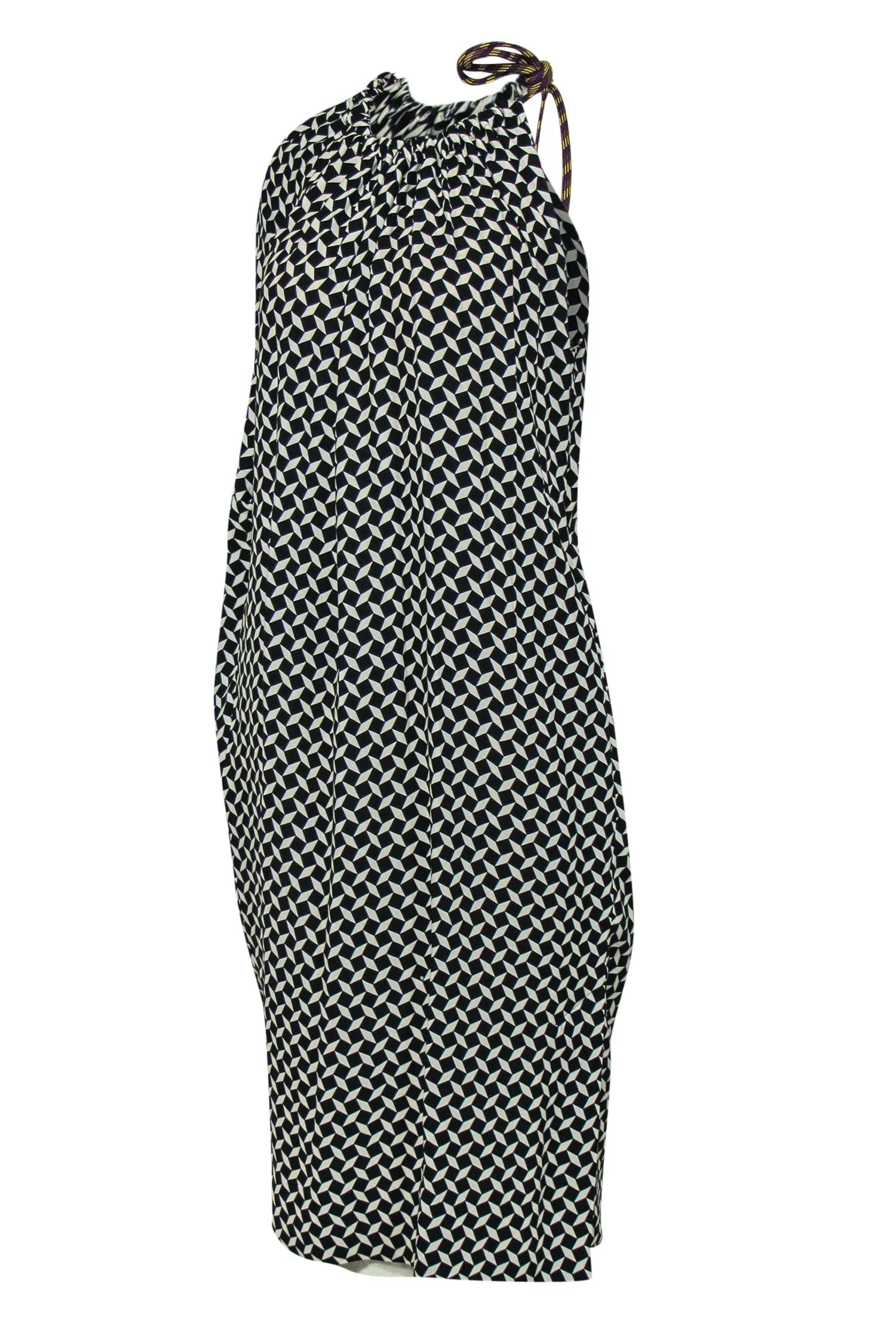 Dries Van Noten - Black & White Printed Draped Shift Dress w/ Accent Cord Sz 6