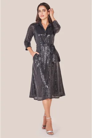 Goddiva Sequin Skater Shirt Dress - Black