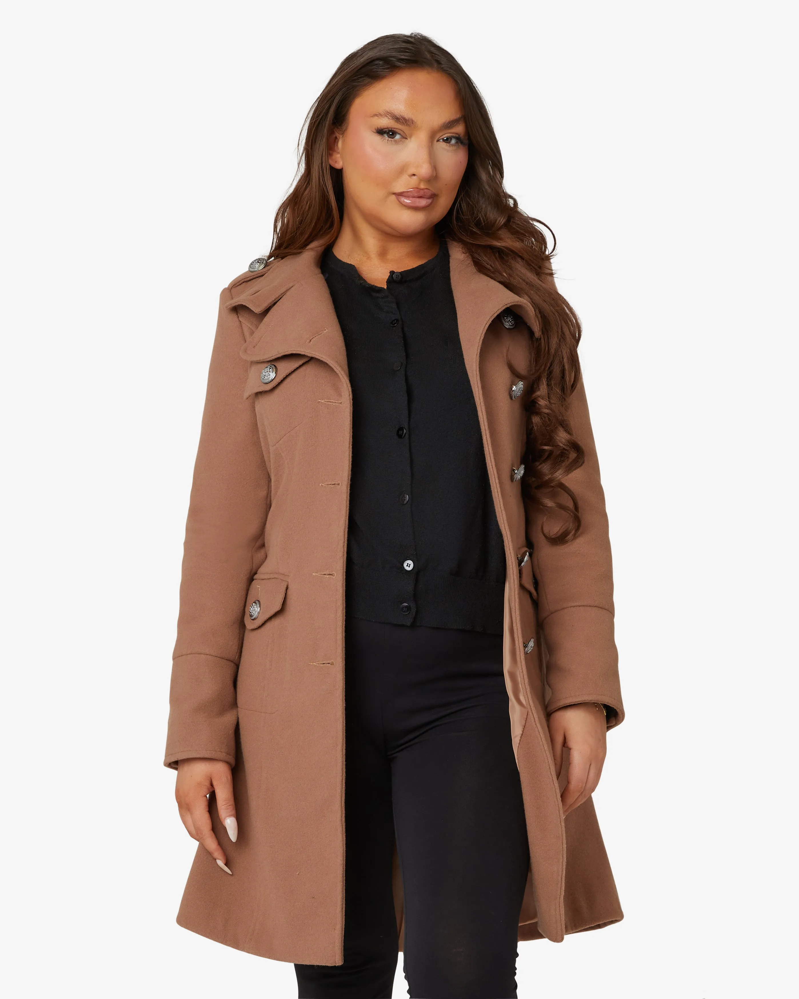 High Neck Belted Military Style Coat (1502)