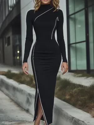 Irregular Zipper Long Sleeve Bodycon Dress