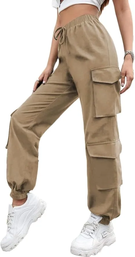 Khaki Petite Cargo Trousers, Women Elasticated High Waisted Cuffed Ankle Teen Girls Pants- XXL