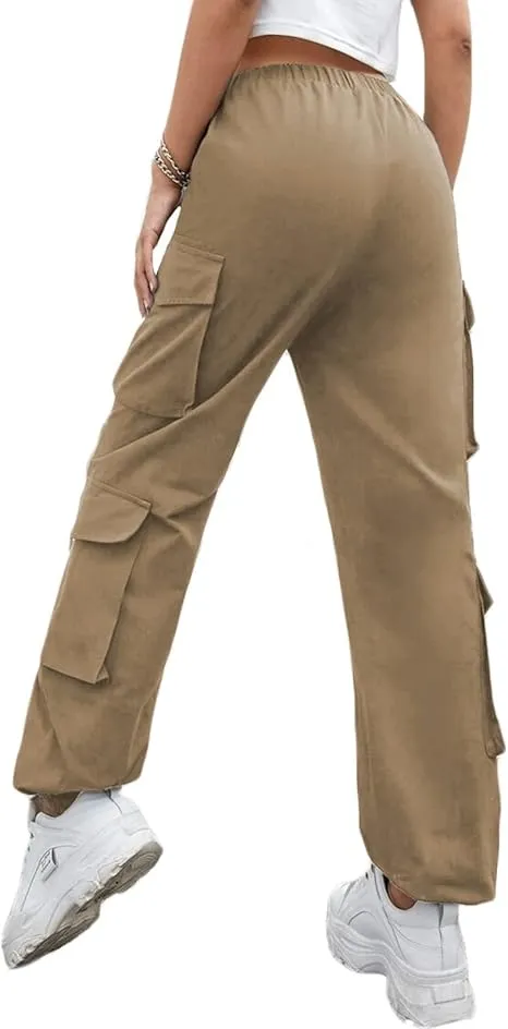 Khaki Petite Cargo Trousers, Women Elasticated High Waisted Cuffed Ankle Teen Girls Pants- XXL