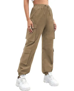 Khaki Petite Cargo Trousers, Women Elasticated High Waisted Cuffed Ankle Teen Girls Pants- XXL
