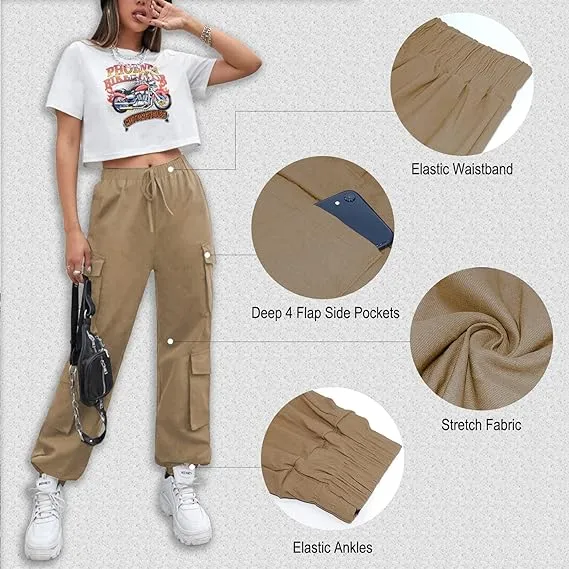 Khaki Petite Cargo Trousers, Women Elasticated High Waisted Cuffed Ankle Teen Girls Pants- XXL