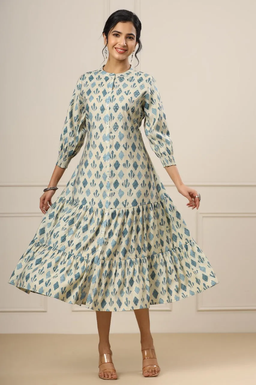 Minimalist Motifs on Off-white Silk MIDI Dress