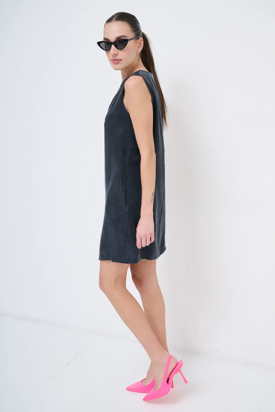 Minimalist sleeveless suede shift dress wholesale