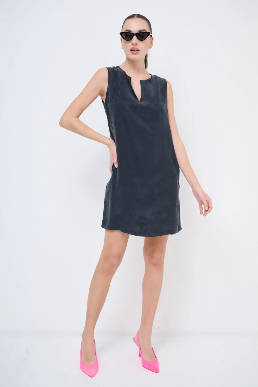Minimalist sleeveless suede shift dress wholesale