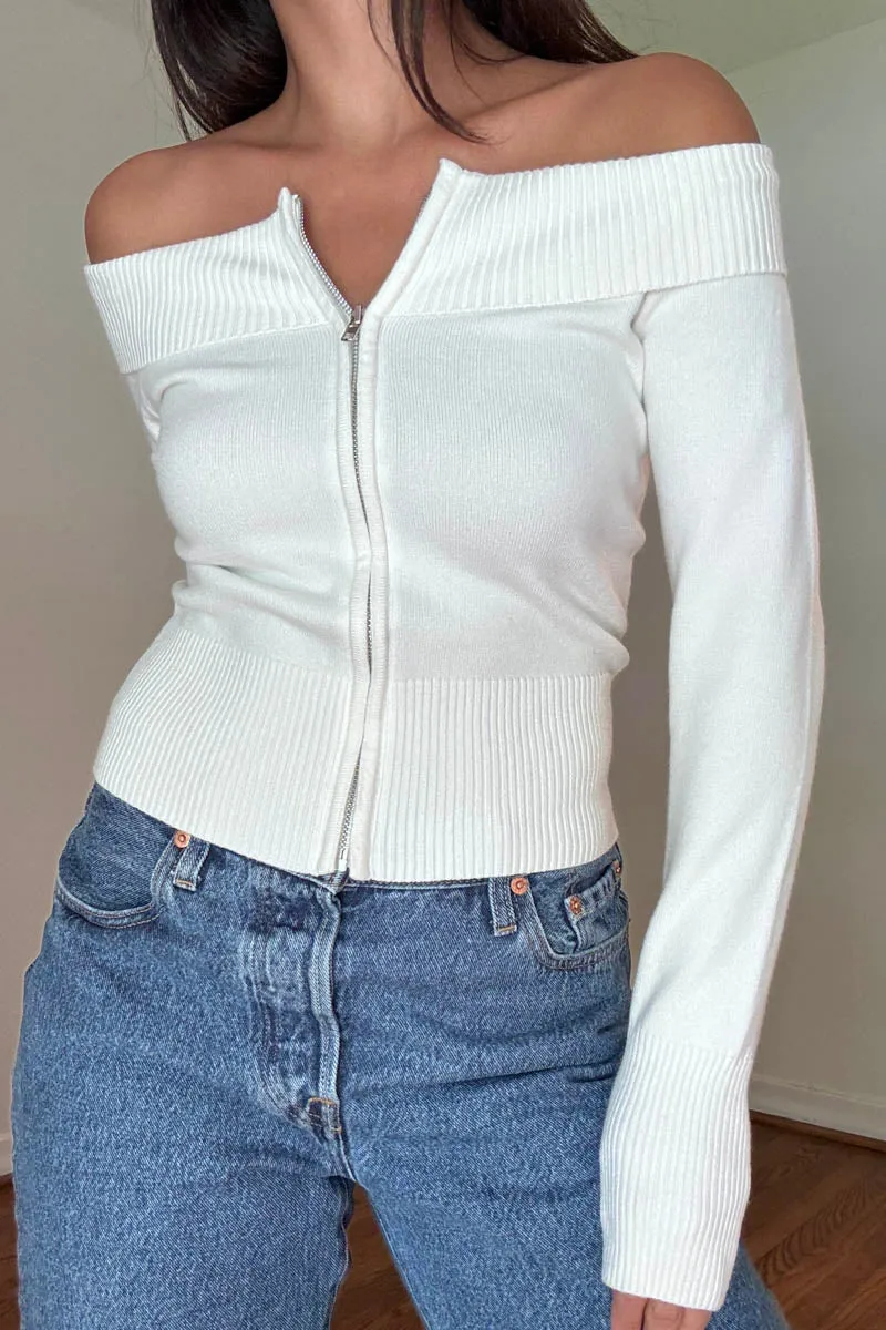 Off Shoulder Zip Sweater