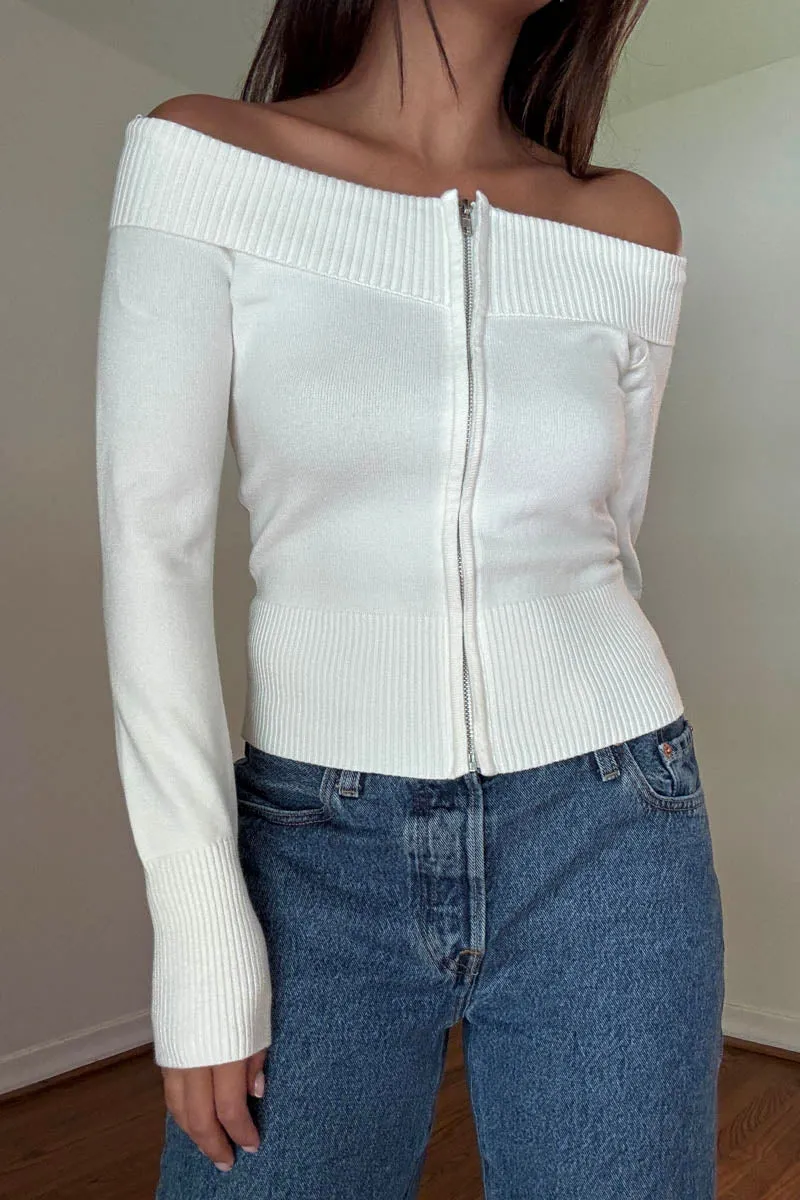 Off Shoulder Zip Sweater