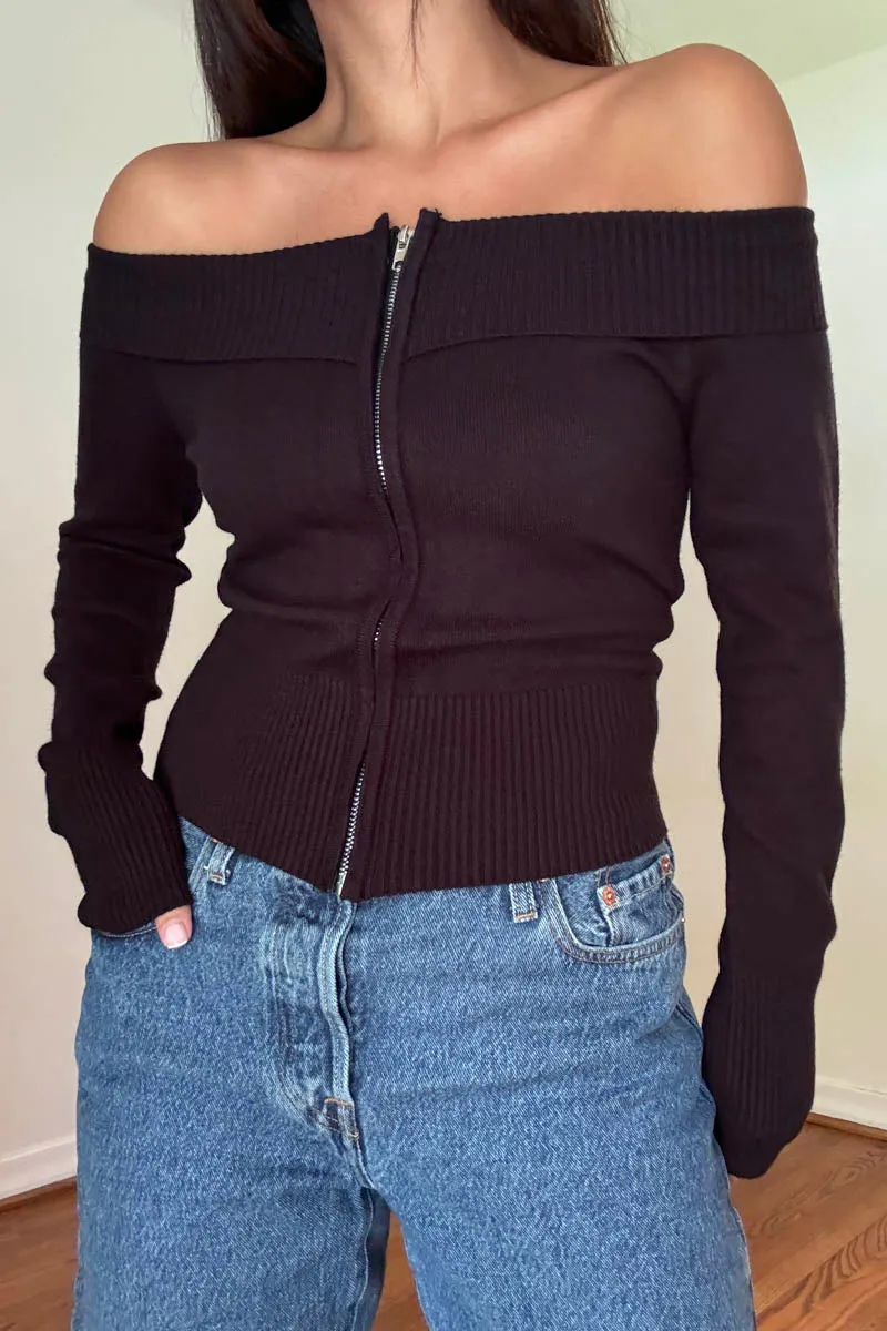 Off Shoulder Zip Sweater