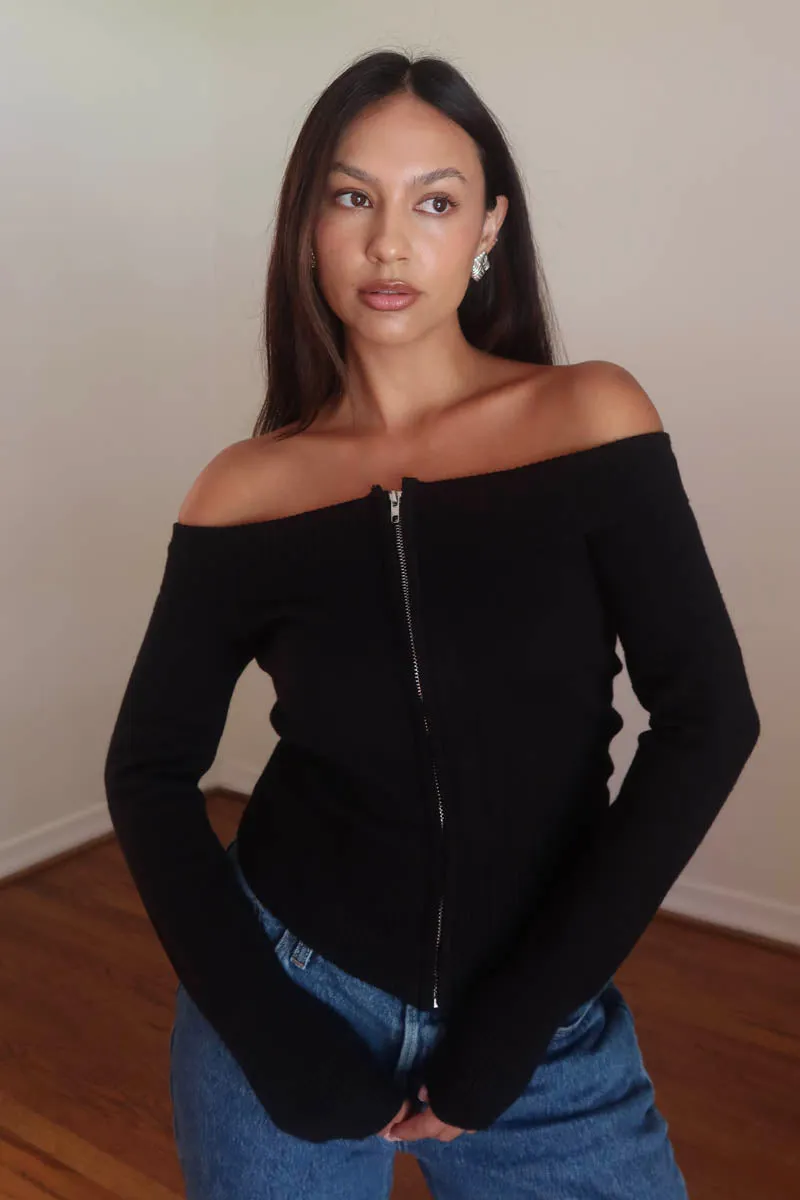 Off Shoulder Zip Sweater