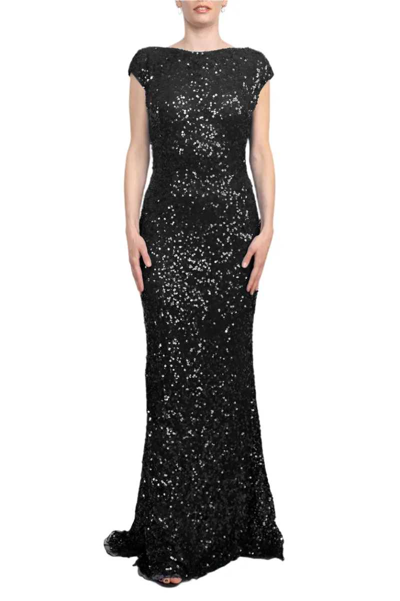 Primavera Boat Neck Cap Sleeve Cowl Back Bodycon Sequined Dress
