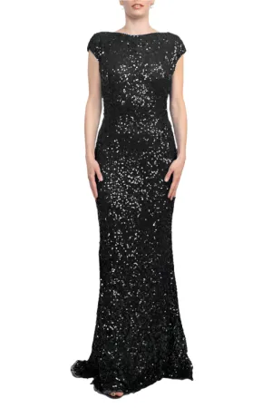 Primavera Boat Neck Cap Sleeve Cowl Back Bodycon Sequined Dress