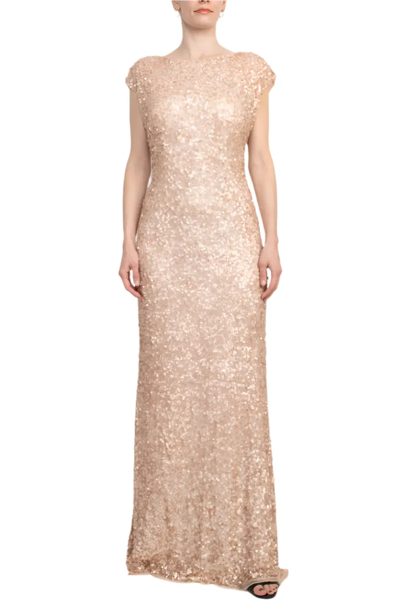 Primavera Boat Neck Cap Sleeve Cowl Back Bodycon Sequined Dress