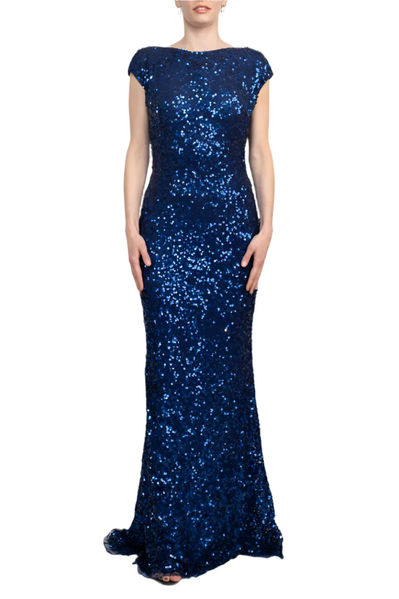 Primavera Boat Neck Cap Sleeve Cowl Back Bodycon Sequined Dress