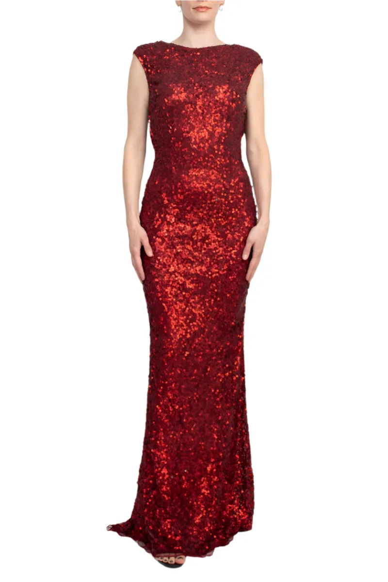 Primavera Boat Neck Cap Sleeve Cowl Back Bodycon Sequined Dress