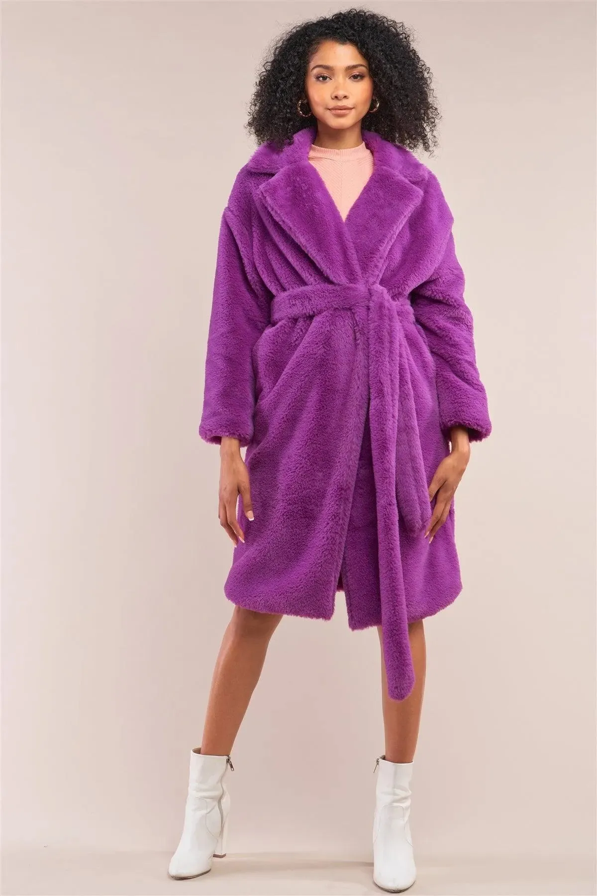 Purple Soft Faux Fur Open Front Detachable Belt Long Sleeve Coat /2-1-1